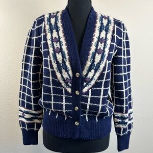 Vintage Lands End Wool Cardigan Sweater M Blue Grid Fair Isle Knit‎ Cottagecore